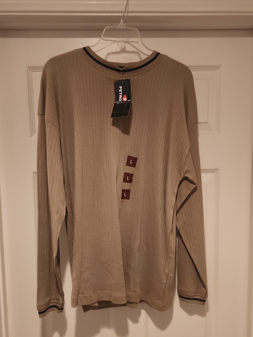 Etro Long Sleeve Ribbed Tee in Khaki with Black Trim